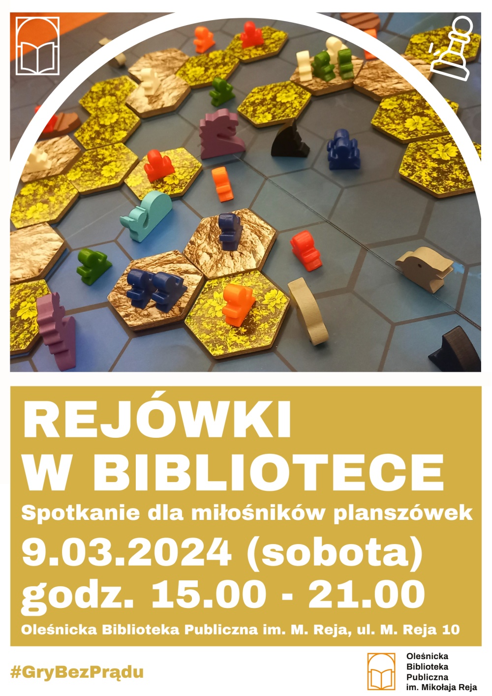 Plakat promujący marcowe spotkanie "Rejówek w bibliotece"