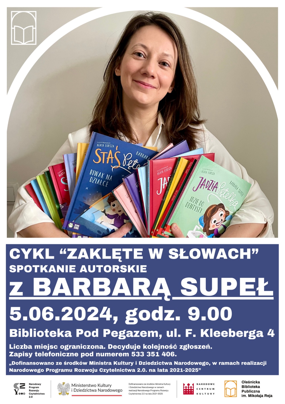 Plakat promujący spotkanie autorskie z Barbarą Supeł w Bibliotece Pod Pegazem