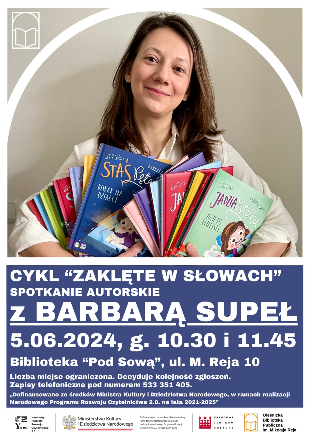 Plakat promujący spotkania z Barbarą Supeł w Bibliotece "