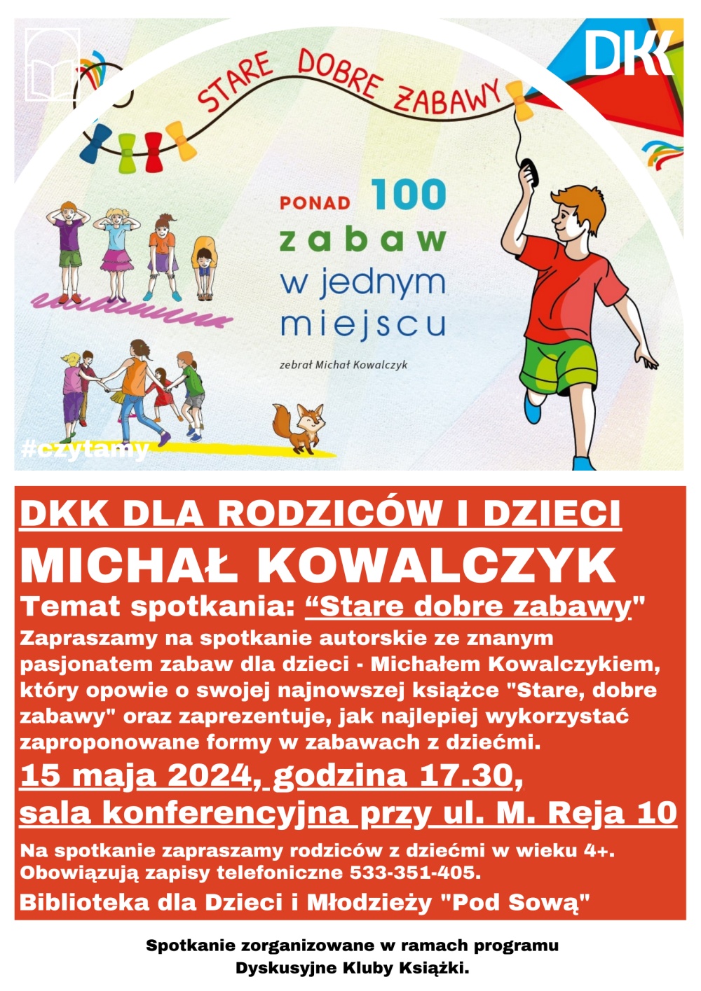 Plakat promujący majowe spotkanie Dyskusyjnego Klubu Książki dla Rodziców i Dzieci