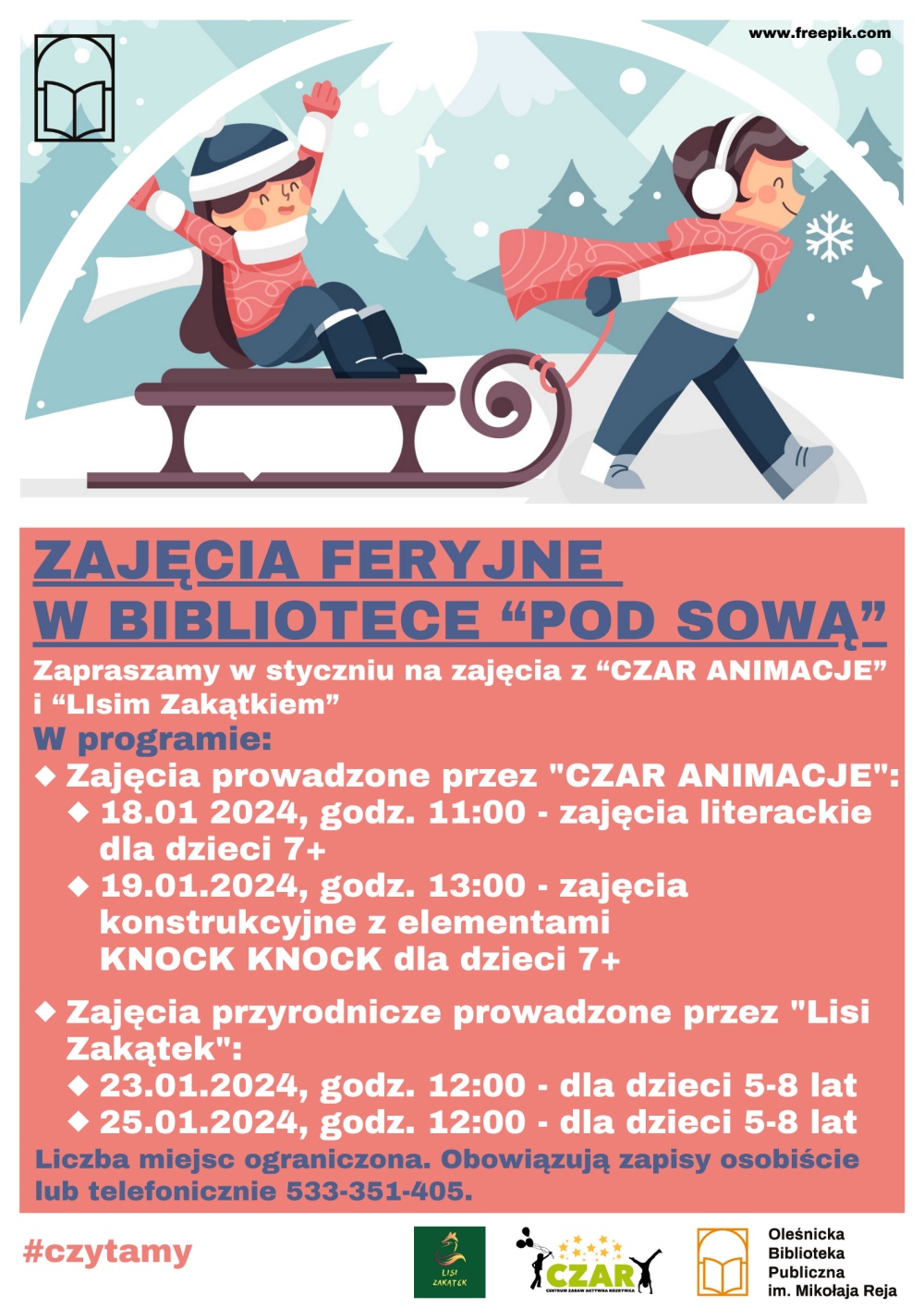 Plakat promujący zajęcia feryjne dla dzieci w Bibliotece "Pod Sową"
