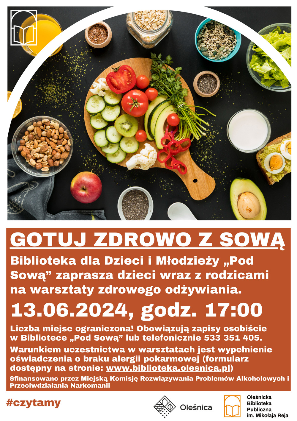 Plakat promujący zajęcia dla dzieci i rodziców "Gotuj zdrowo z Sową"