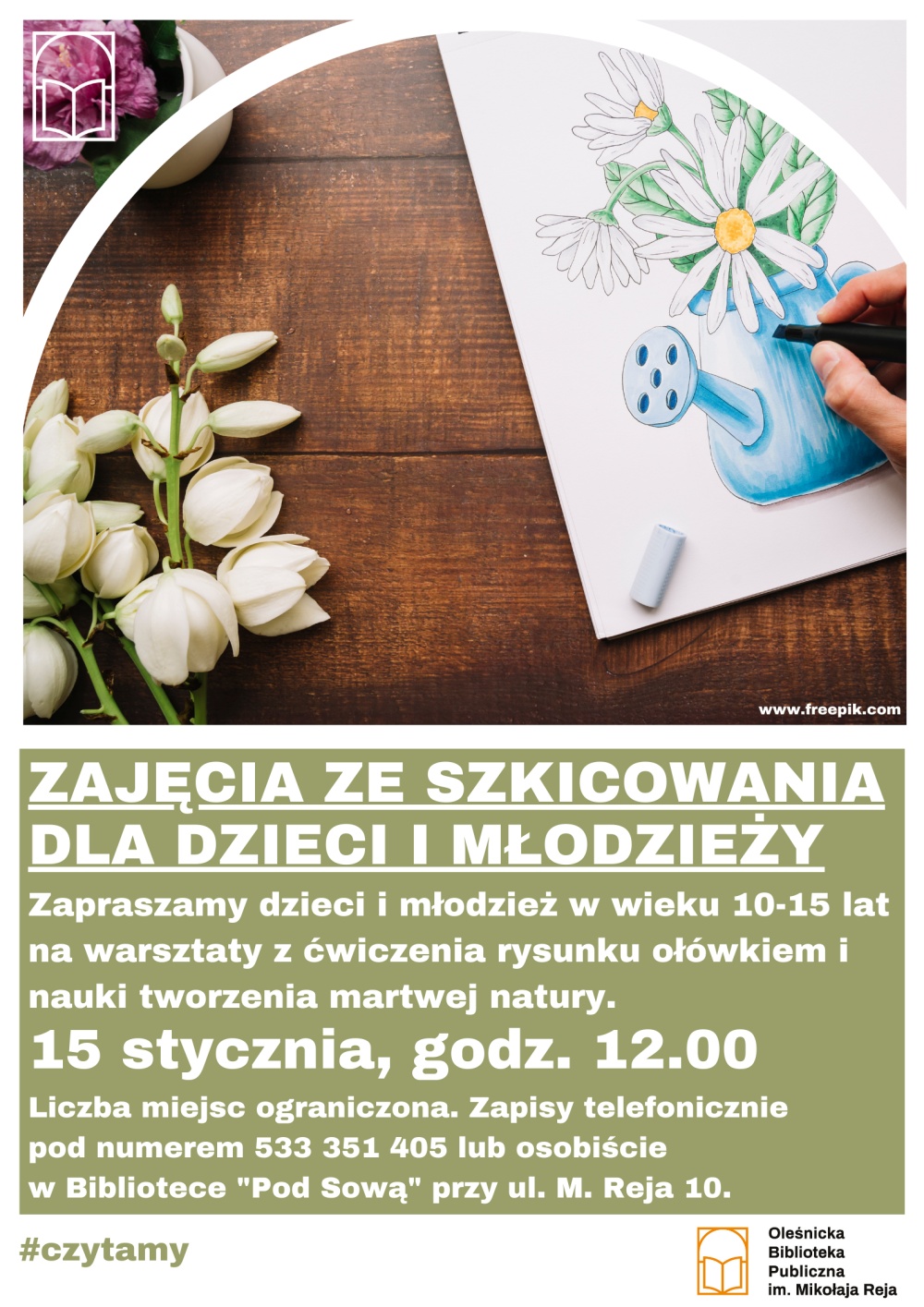 Plakat promujący zajęcia ze szkicowania w Bibliotece "Pod Sową"