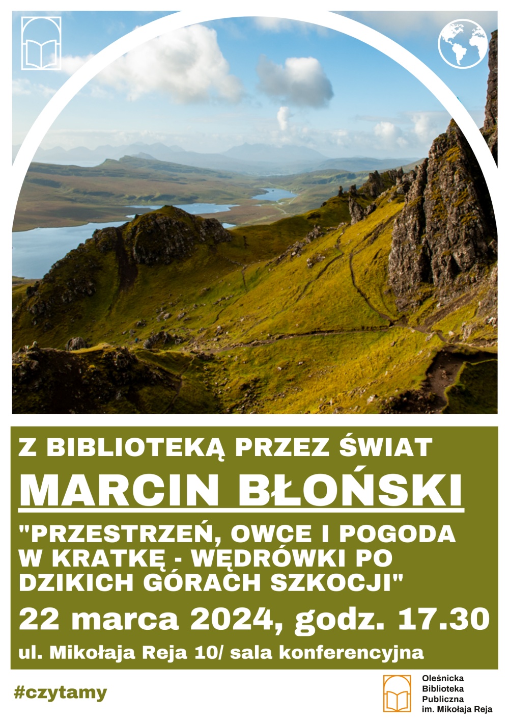 Plakat promujący spotkanie z Marcinem Błońskim w ramach "Biblioteki przez świat"