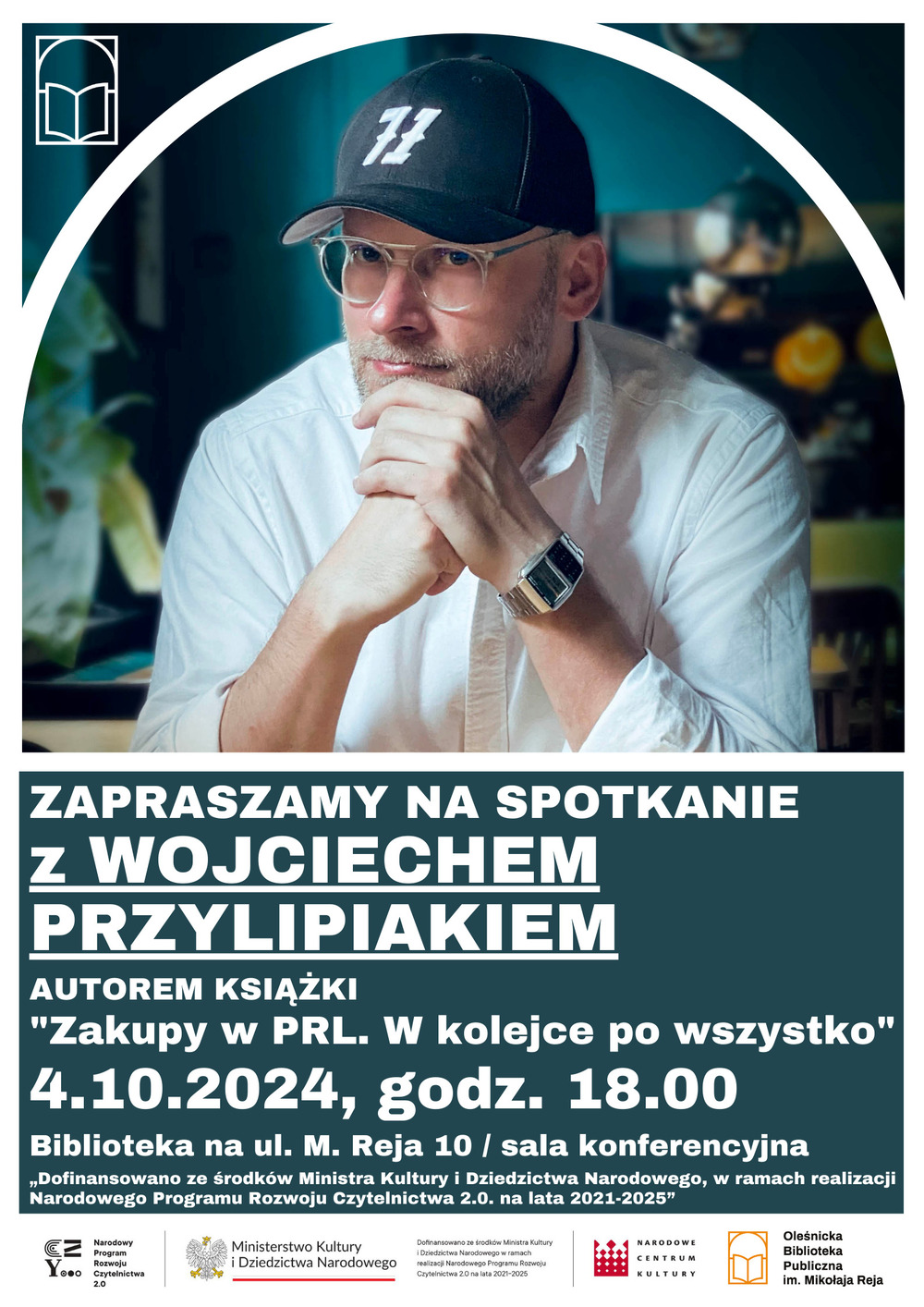 Plakat promujący spotkanie autorskie z Wojciechem Przylipiakiem