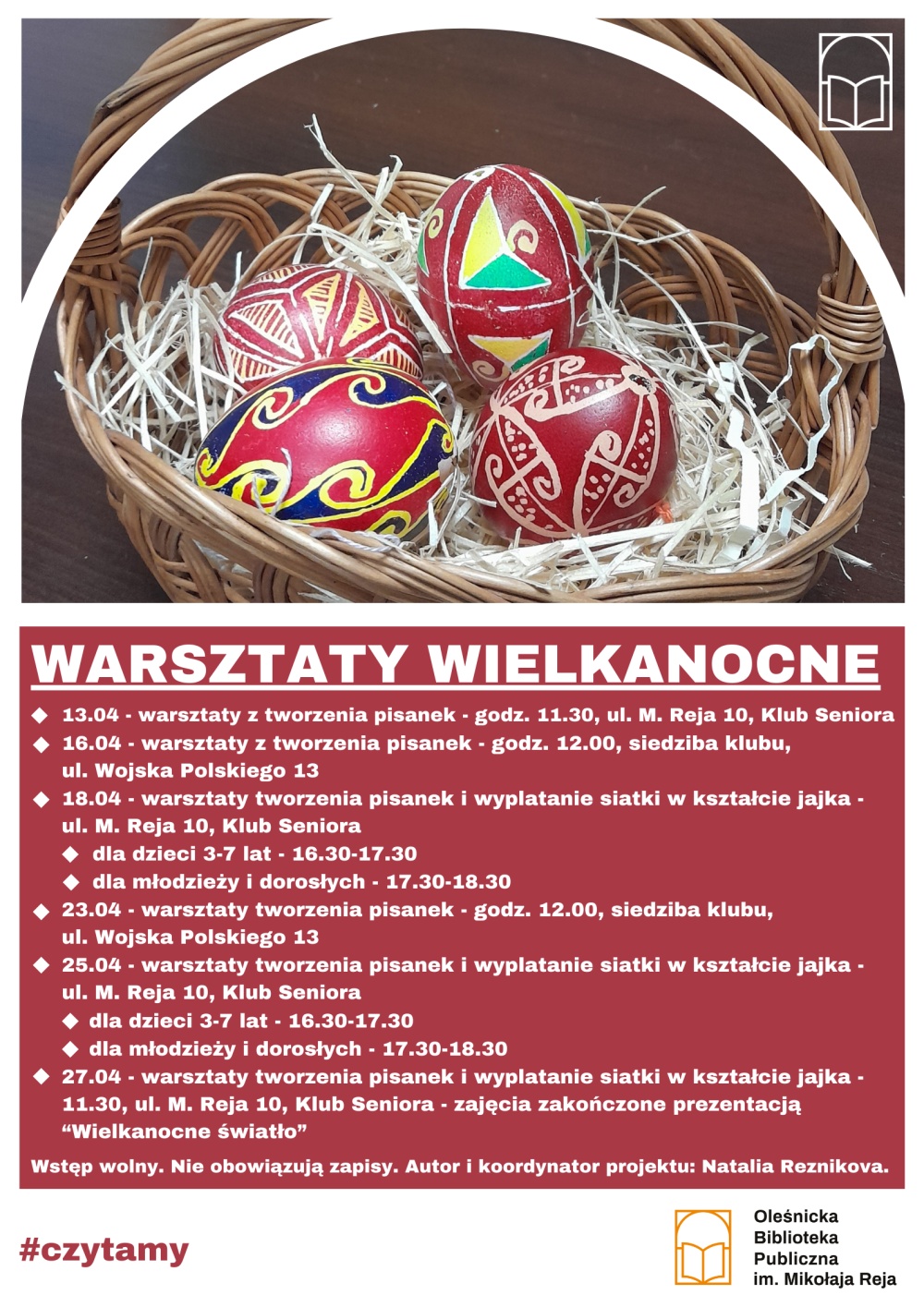 Plakat promujący warsztaty z tworzenia pisanek i wyplatania kształtu jajka z siatki