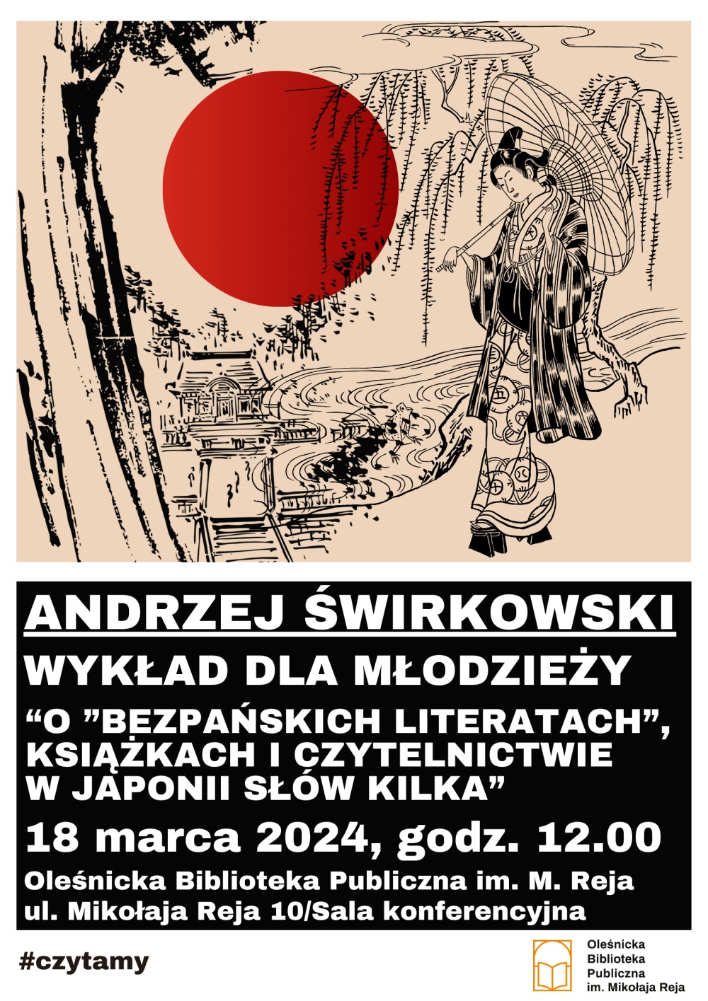 Plakat promujący wykład dla młodzieży ze szkół średnich o literaturze japońskiej