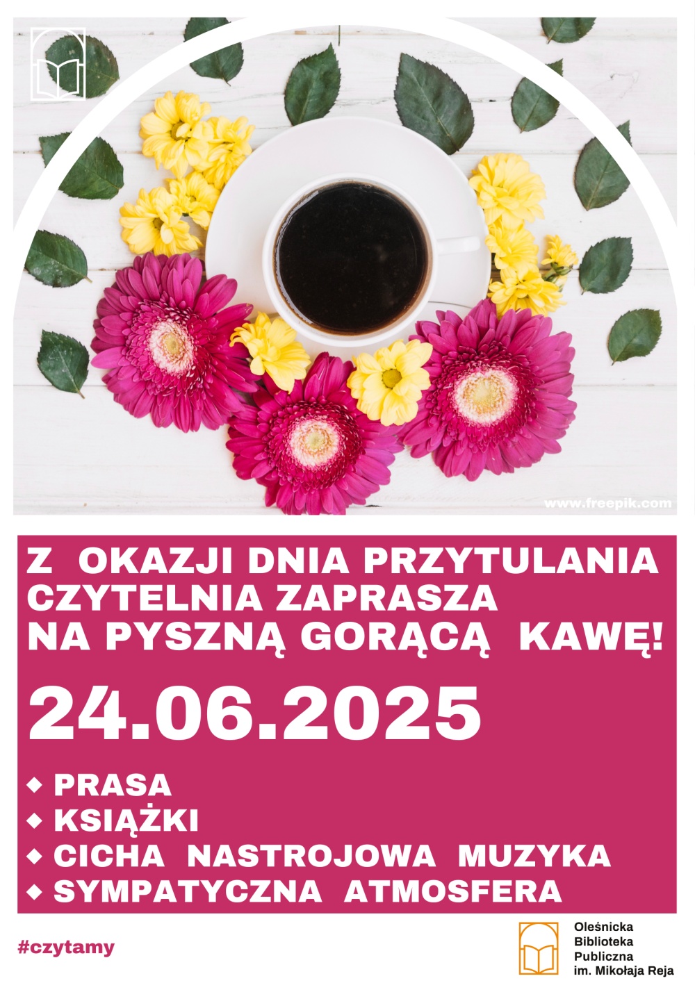 Plakat promujący darmową kawę z okazji Dnia Przytulania