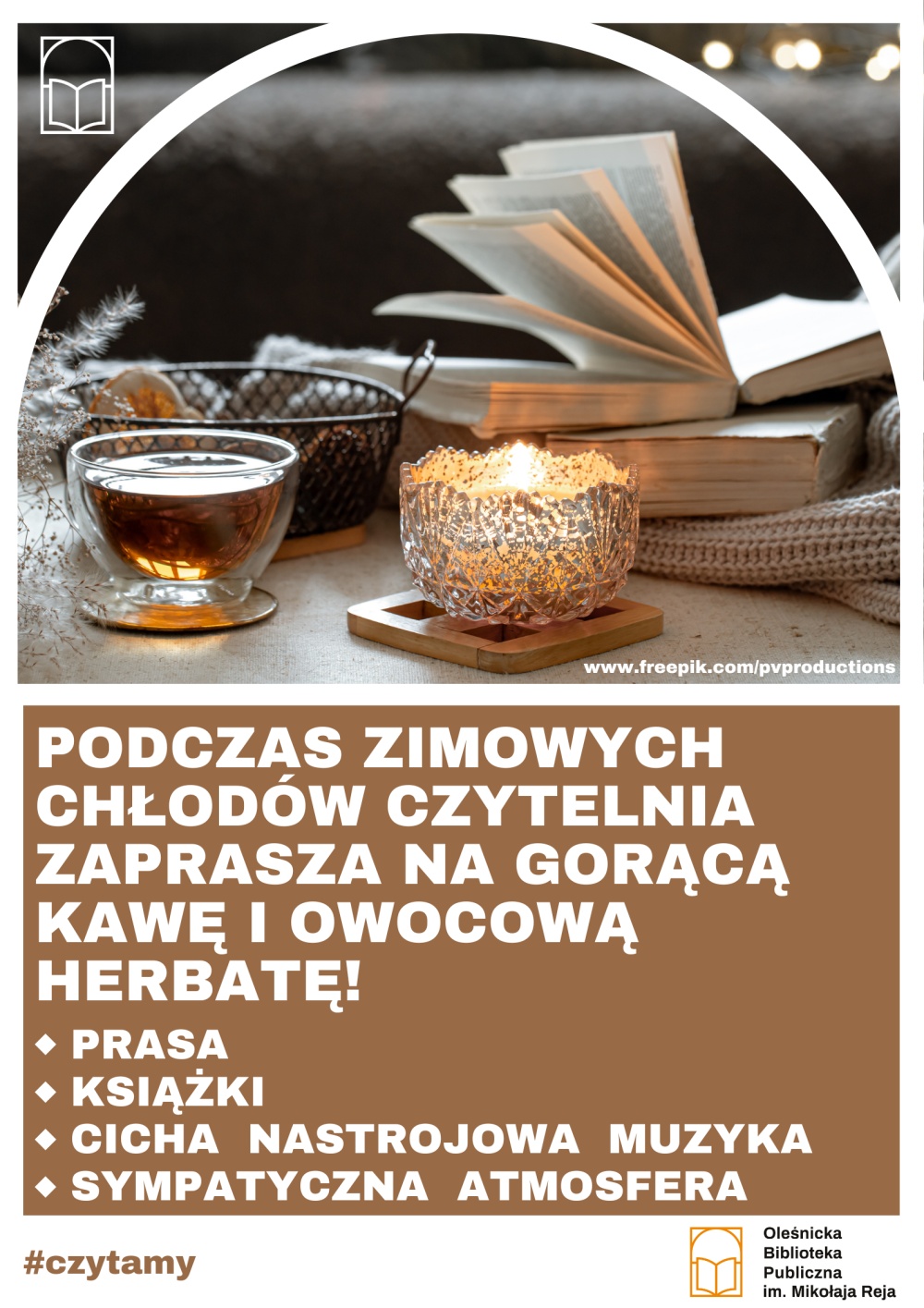 Plakat promujący kawę i herbatę w Czytelni Plakat promujący kawę i herbatę w Czytelni