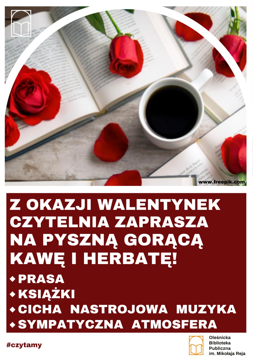 Plakat zapraszający na kawę  okazji Walentynek