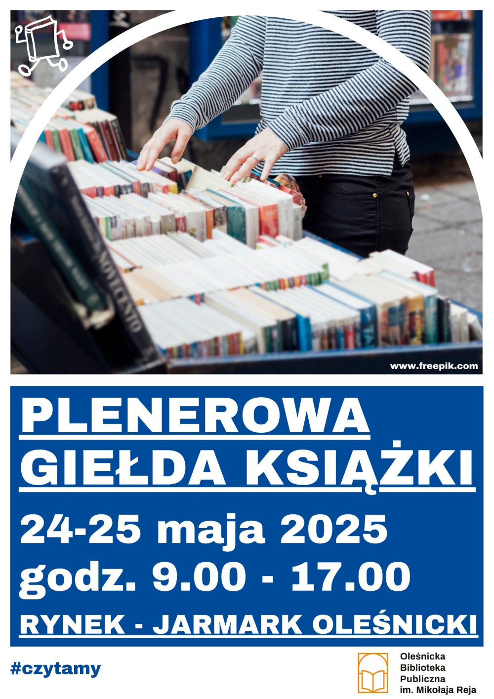 Plakat promujący giełdę książki na rynku oleśnickim