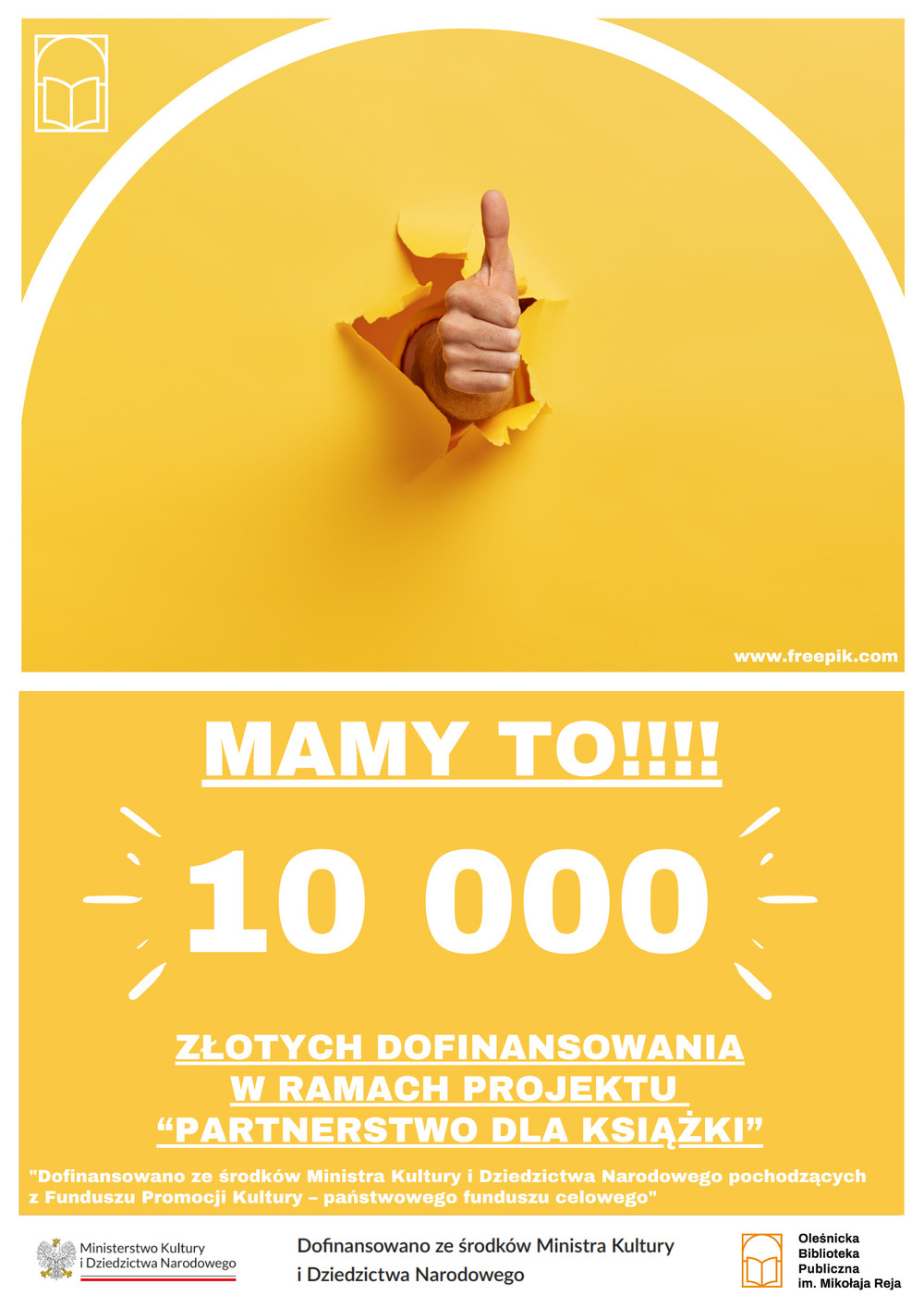 Plakat informujący o dofinansowaniu dla biblioteki