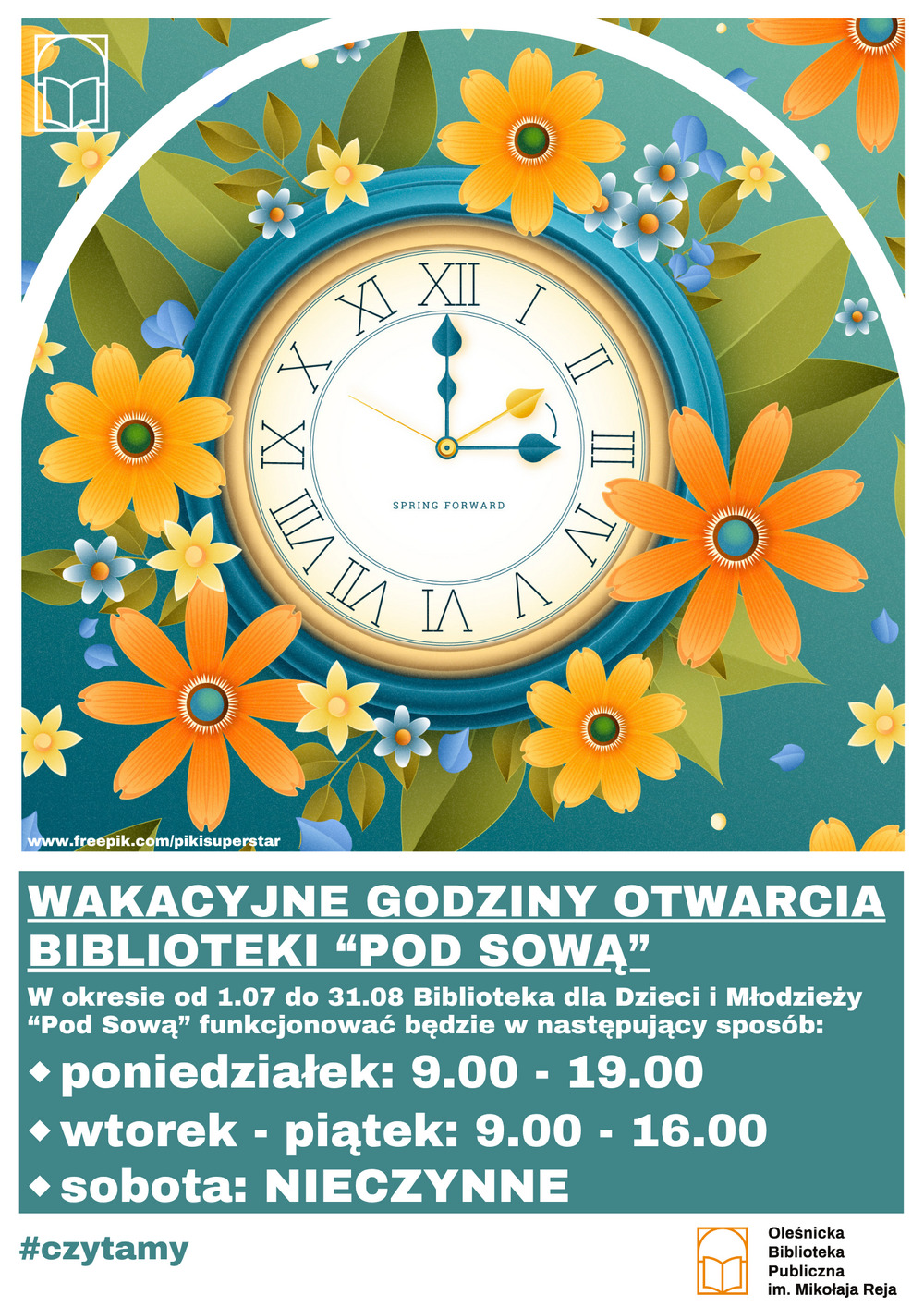 Plakat z wakacyjnymi godzinami otwarcia Biblioteki "Pod Sową"