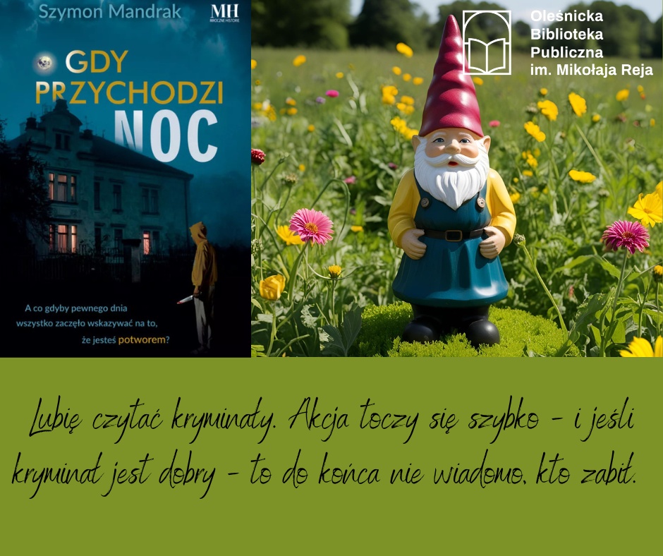 Okładka książki, zdjęcie krasnala ogrodowego i cytat z recenzji