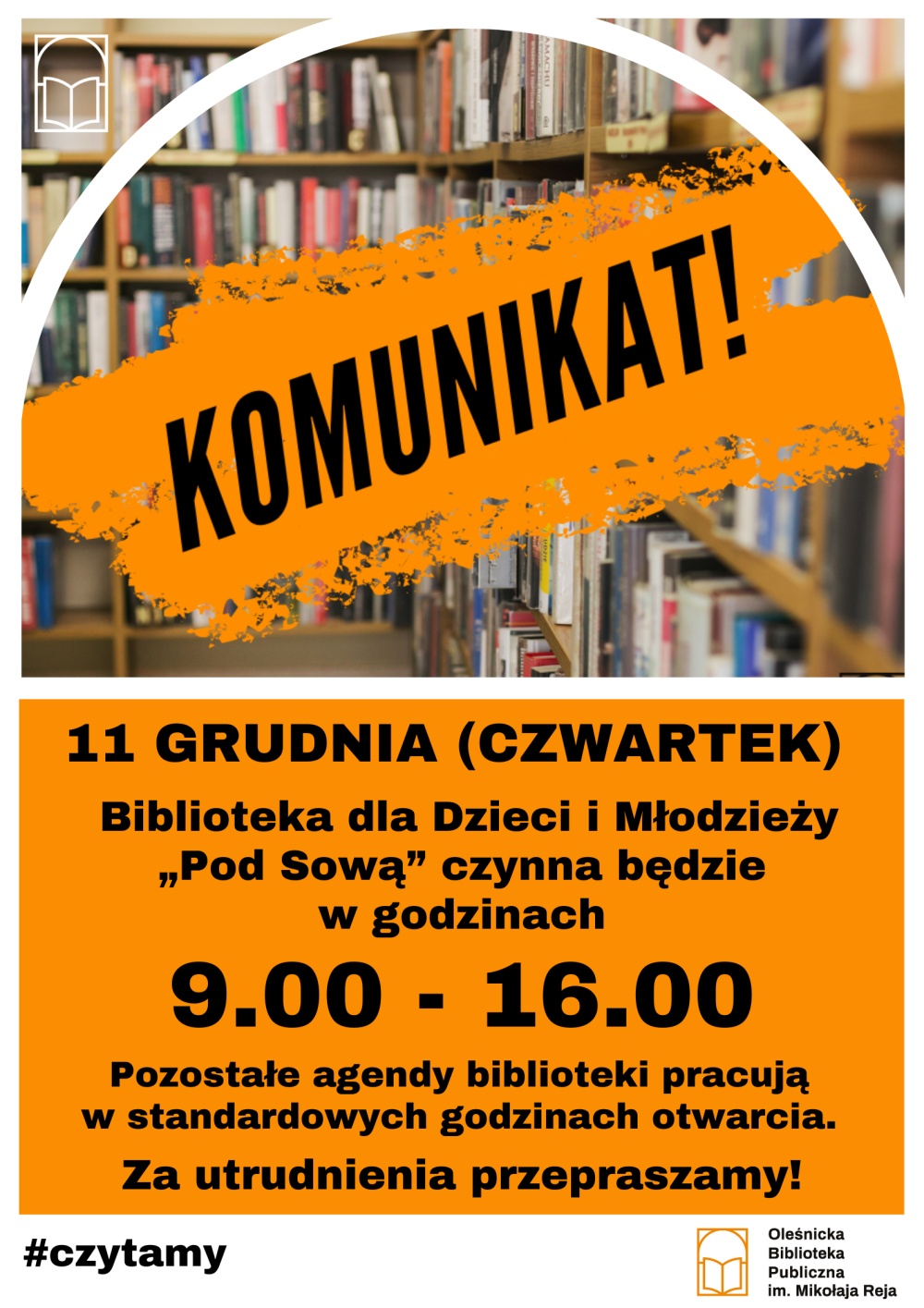 Plakat z informacją o zmianie godzin otwarcia
