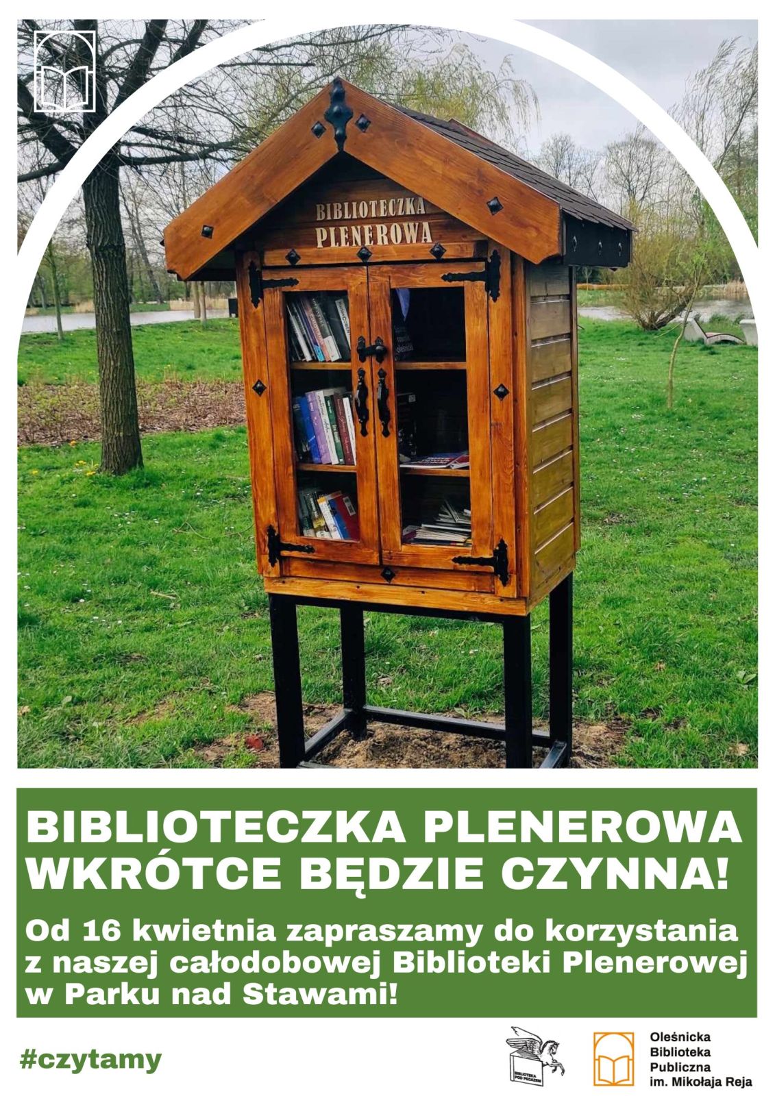 Plakat informujący o otwarciu Biblioteczki Plenerowej