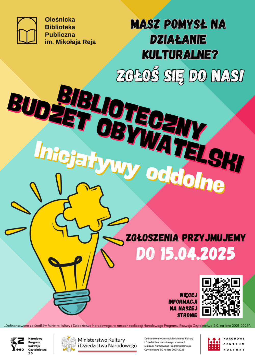 Plakat promujący Icjatywy Oddolne w ramach Bibliotecznego Budżetu Obywatelskiego