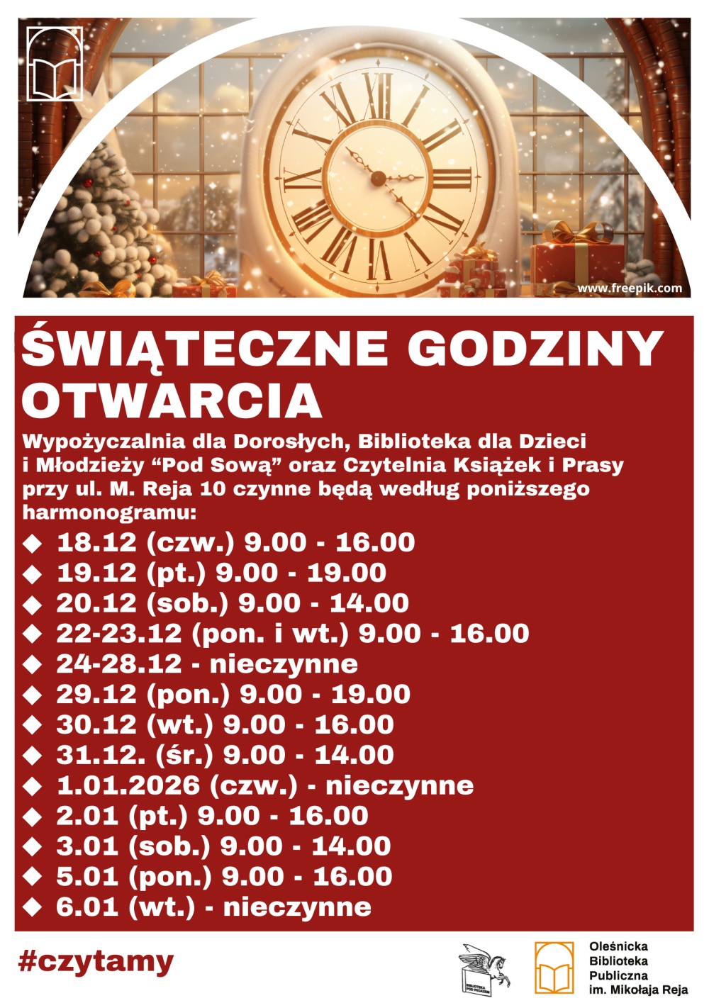 Plakat z godzinami otwarcia biblioteki przy ul. M. Reja 10