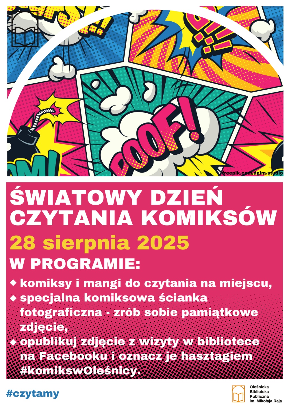 Plakat promujący Światowy Dzień Czytania Komiksów w oleśnickiej bibliotece