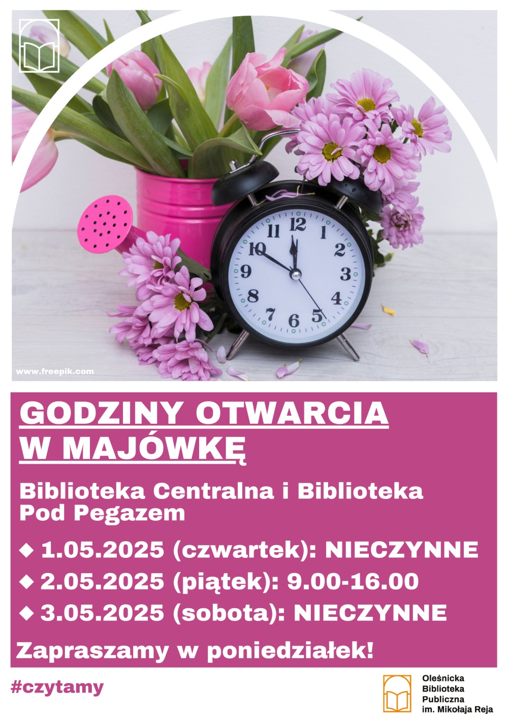 Plakat z godzinami otwarcia biblioteki w czasie majówki