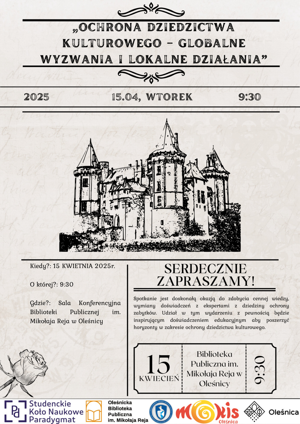 Plakat promujący wydarzenie "Ochrona Dziedzictwa Kulturowego – Globalne Wyzwania i Lokalne Działania"