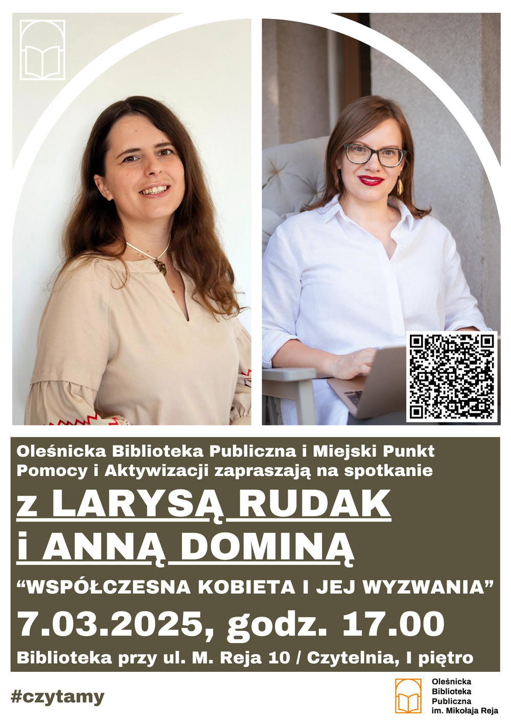 Plakat promujący spotkanie z Larysą Rudak i Anną Dominą