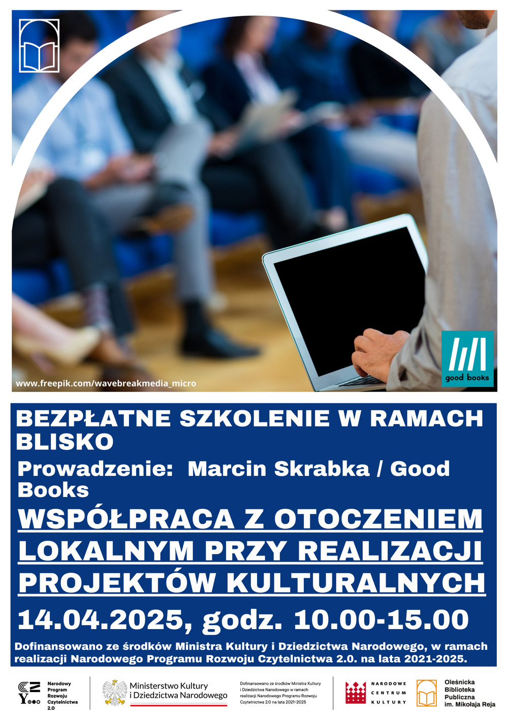 Plakat promujący szkolenie w bibliotece