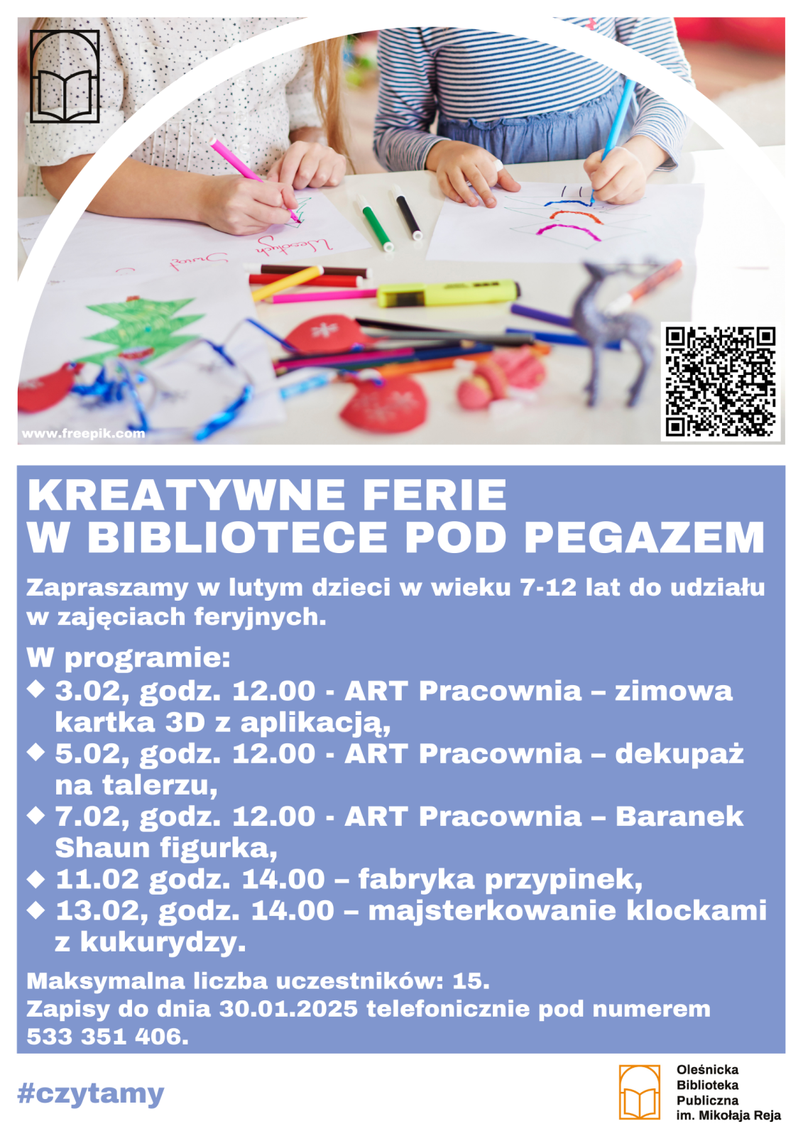 Plakat promujący zajęcia feryjne w Bibliotece Pod Pegazem Plakat promujący zajęcia feryjne w Bibliotece Pod Pegazem