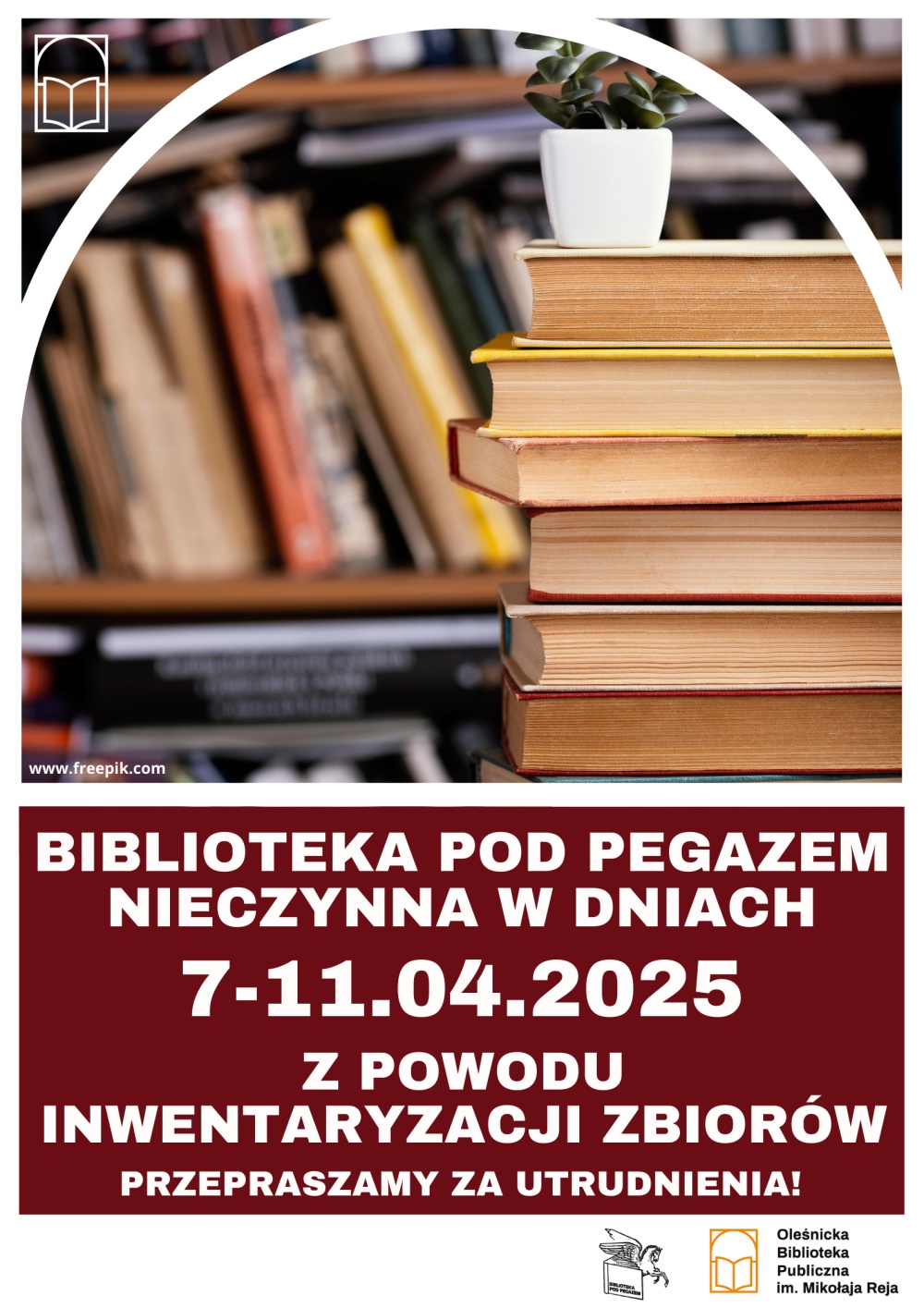 Plakat informujący o inwentaryzacji zbiorów w Bibliotece Pod Pegazem