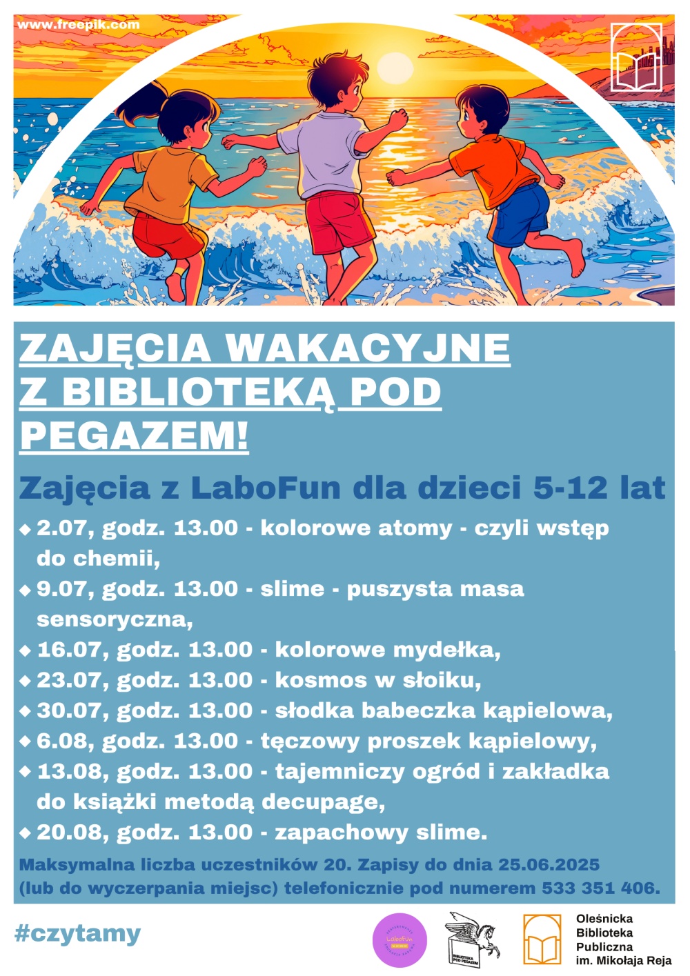 Plakat promujący zajęcia wakacyjne w Bibliotece Pod Pegazem