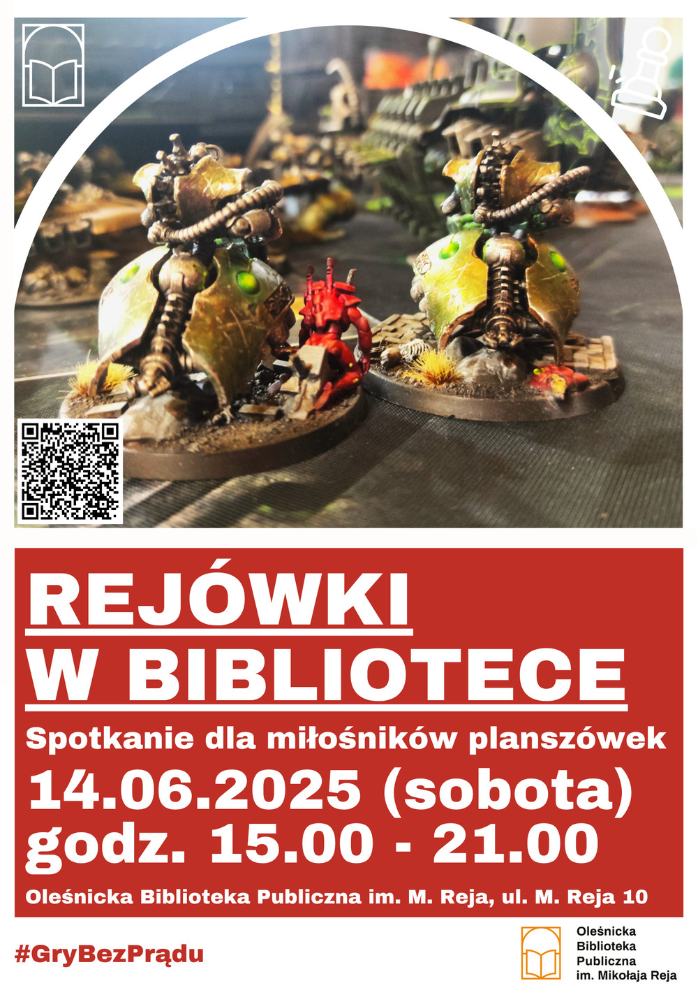 Plakat promujący spotkanie "Rejówek w bibliotece"