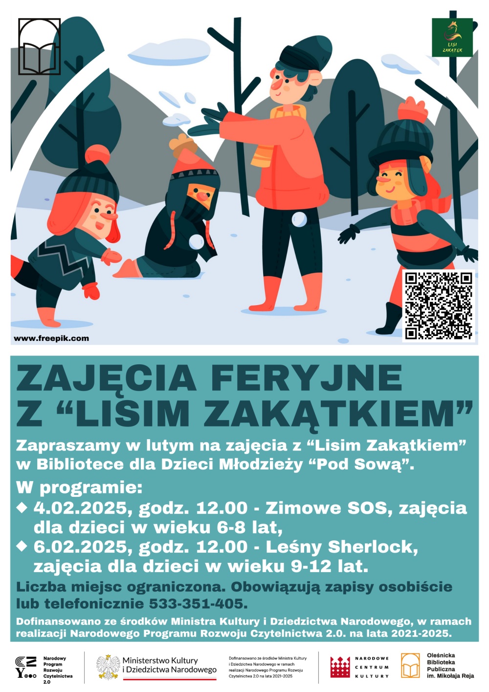Plakat promujący zajęcia feryjne z 'Lisim Zakątkiem" Plakat promujący zajęcia feryjne z 'Lisim Zakątkiem"