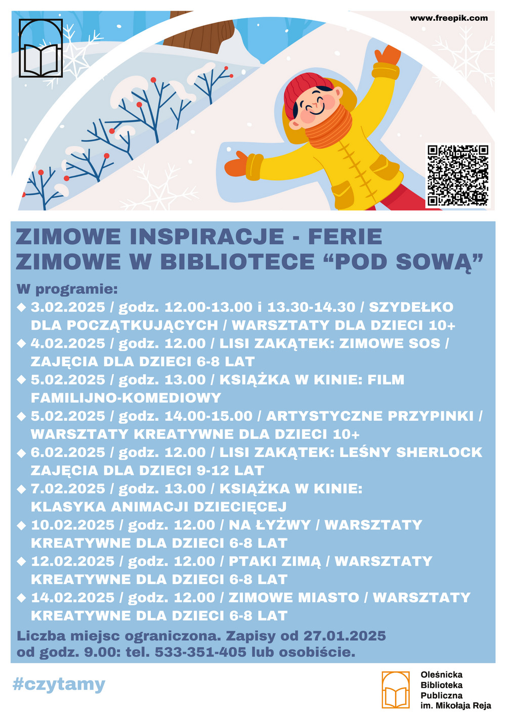 Plakat promujący zajęcia feryjne w Bibliotece "Pod Sową" Plakat promujący zajęcia feryjne w Bibliotece "Pod Sową"