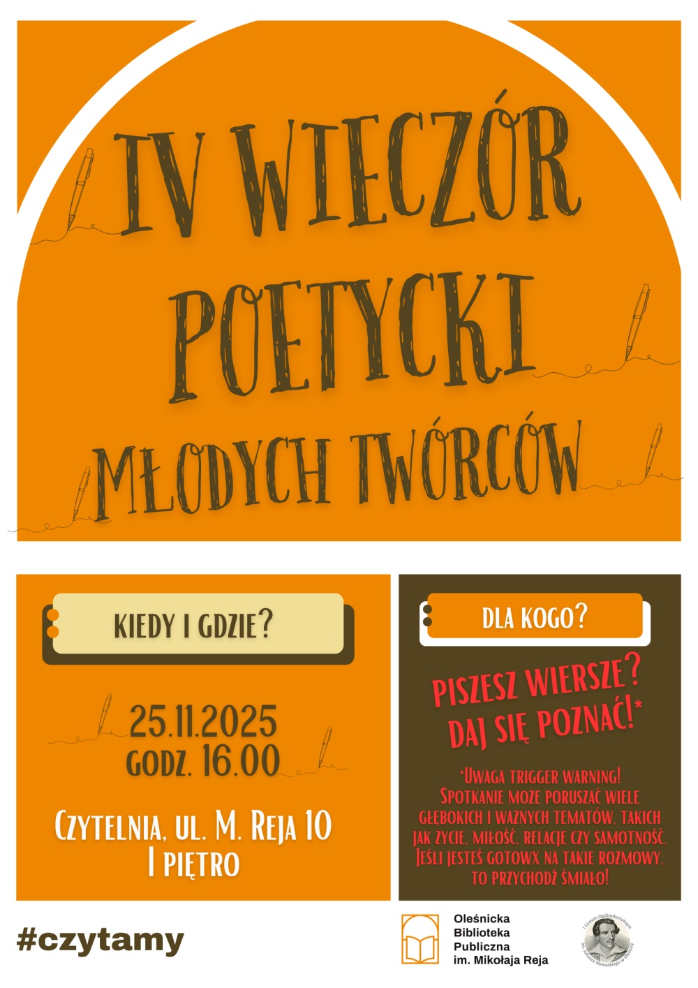 Plakat promujący Wieczór Poetyki dla Młodzieży