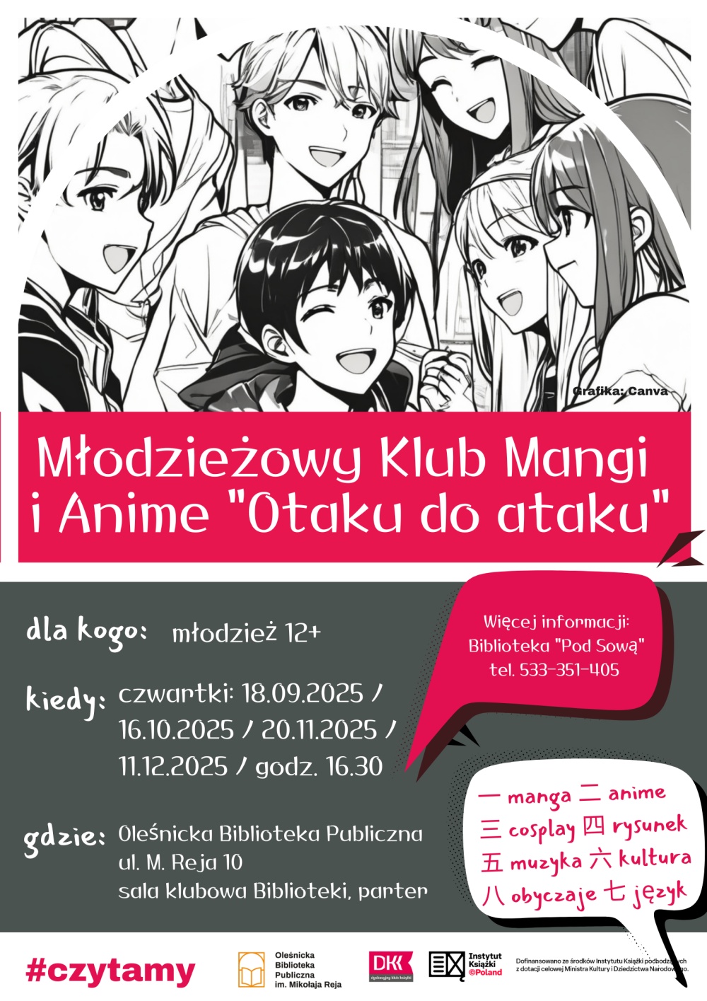 Plakat z harmonogramem spotkań Klubu Mangi i Anime