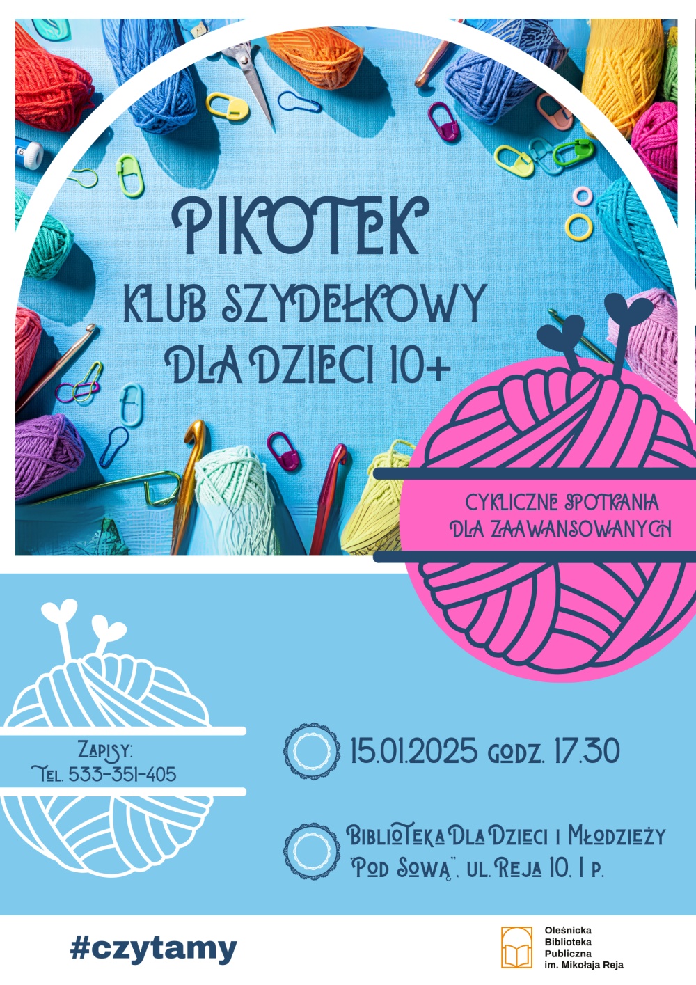 Plakat promujący spotkanie klubu szydełkowego dla dzieci