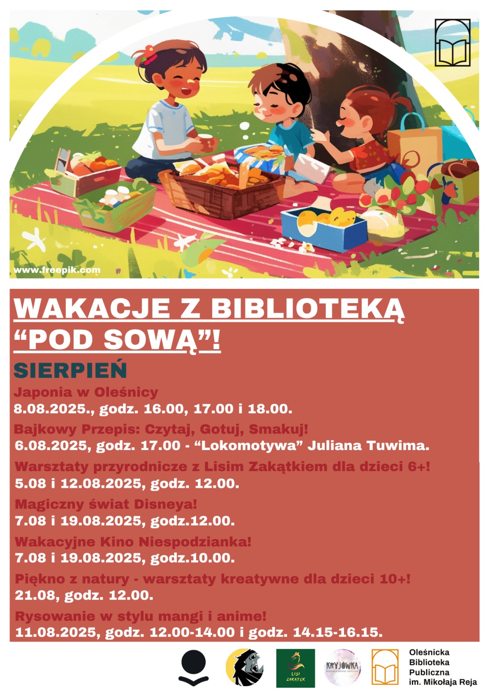 Plakat zbiorczy dla zajęć wakacyjnych w Bibliotece "Pod Sową" w sierpniu