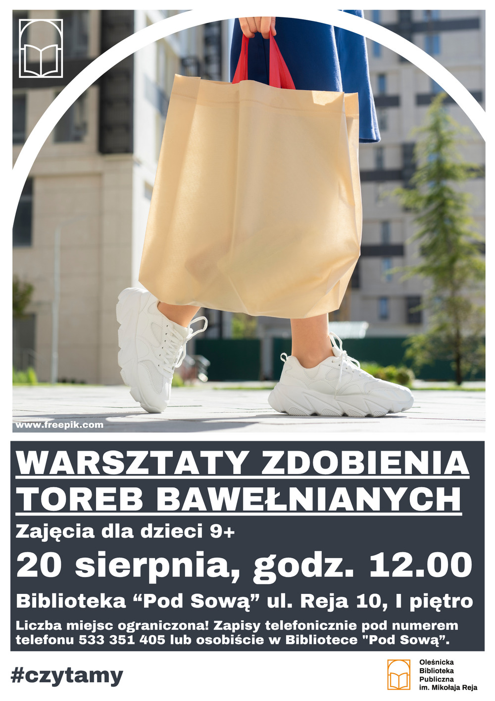 Plakat promujący zajęcia ze zdobienia toreb bawełnianych dla dzieci