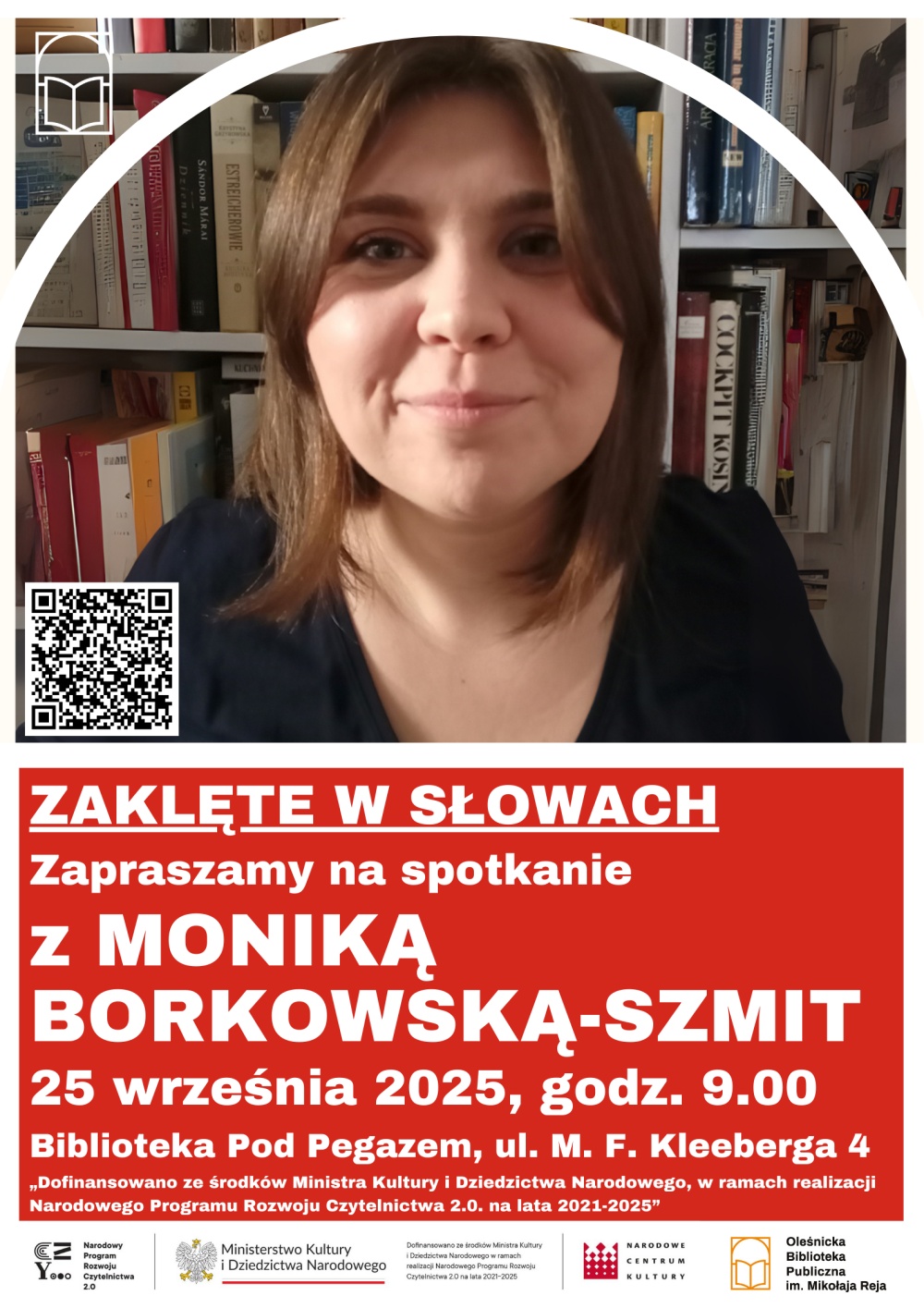 Plakat promujący spotkanie autorskie z Moniką Borkowską-Szmit