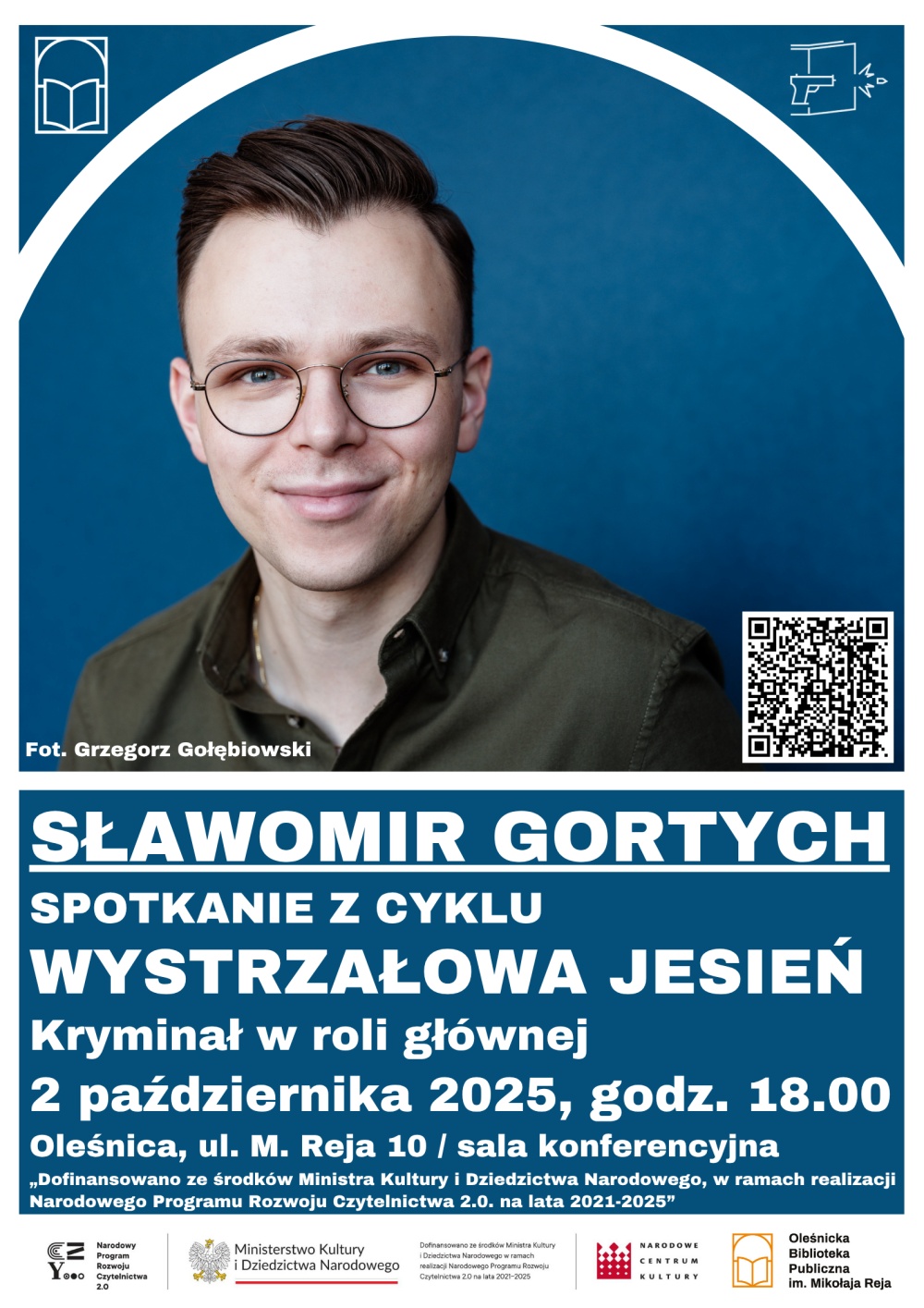 Plakat promujący spotkanie autorskie ze Sławomirem Gortychem