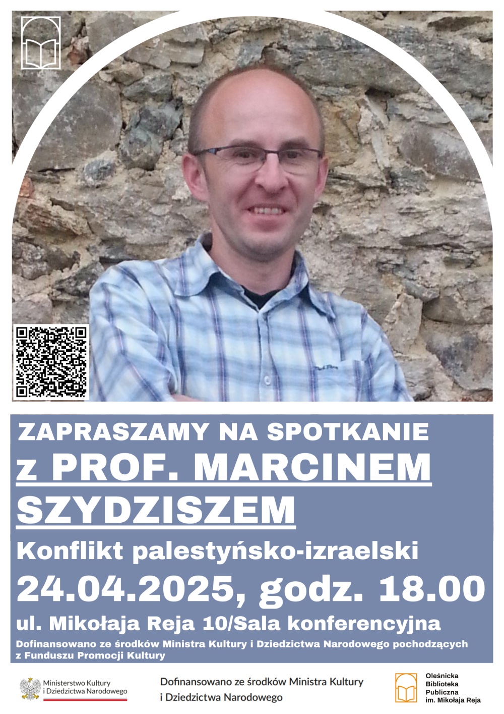 Plakat promujący wykład o konflikcie izraelsko-palestyńskim