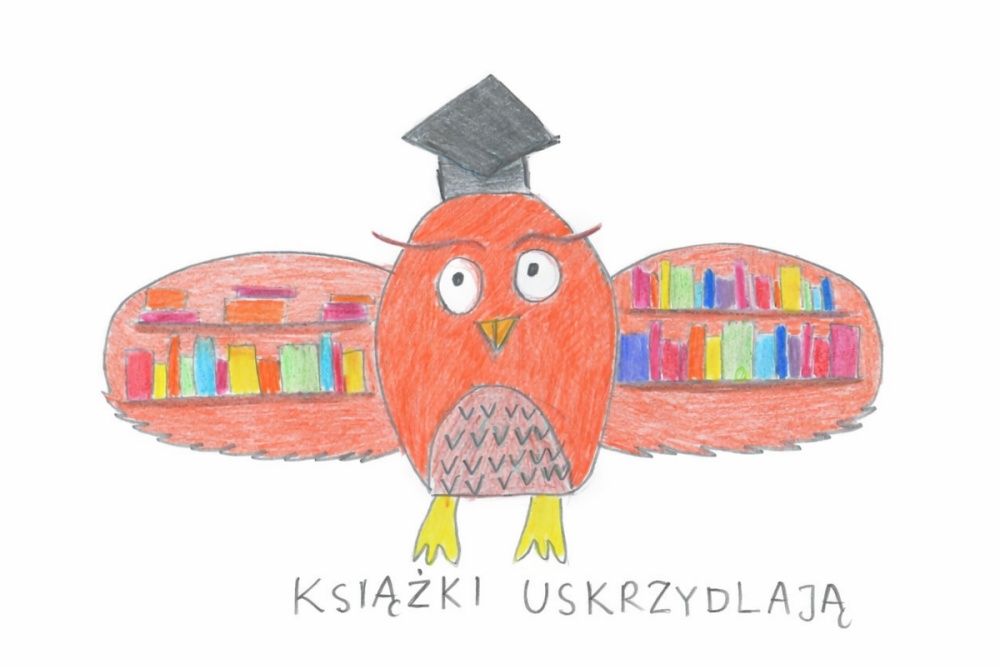 Grafika autorstwa 9-letniej Antoniny z okazji konkursu na jubileuszową kartę biblioteczną