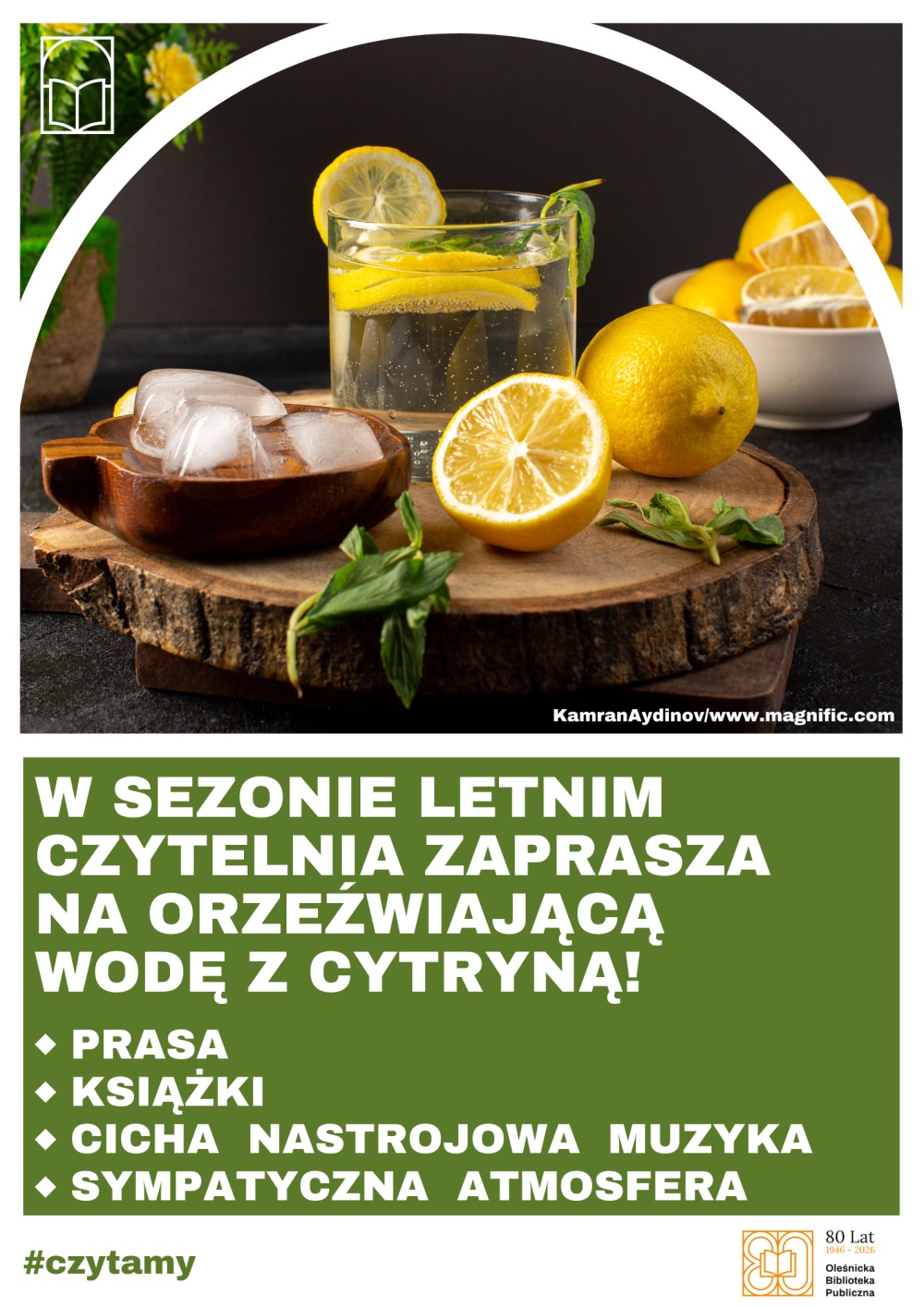 Plakat promujący orzeźwiającą wodę w Czytelni. Informacje z plakatu znajdują się w tekście artykułu.