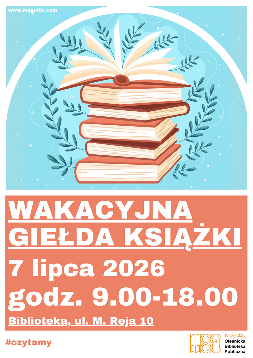 Plakat promujący Wakacyjną Giełdę Książki. Informacje z plakatu znajdują się w tekście artykułu.