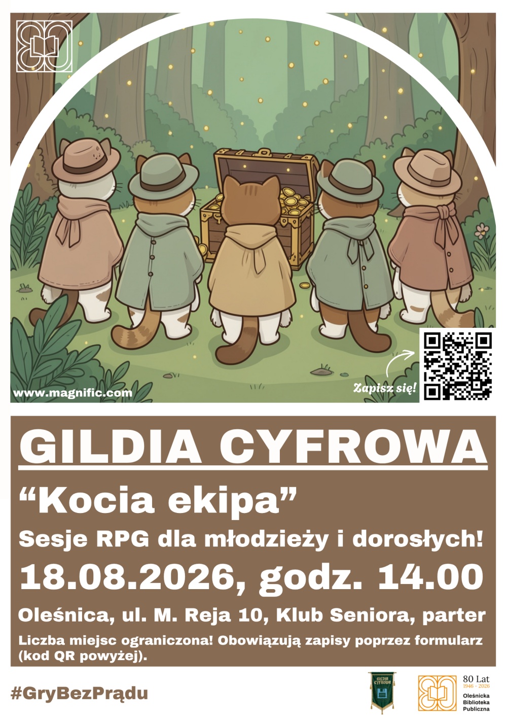 Plakat informujący o sesji RPG "Kocia ekipa". Informacje z plakatu znajdują się w tekście artykułu.