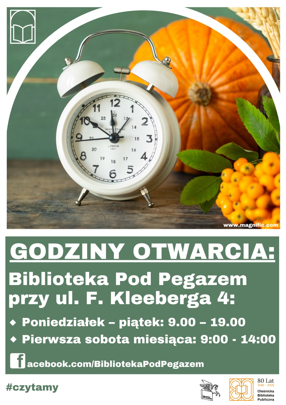 Plakat z godzinami otwarcia Biblioteki Pod Pegazem. Informacje z plakatu znajdują się w tekście artykułu.