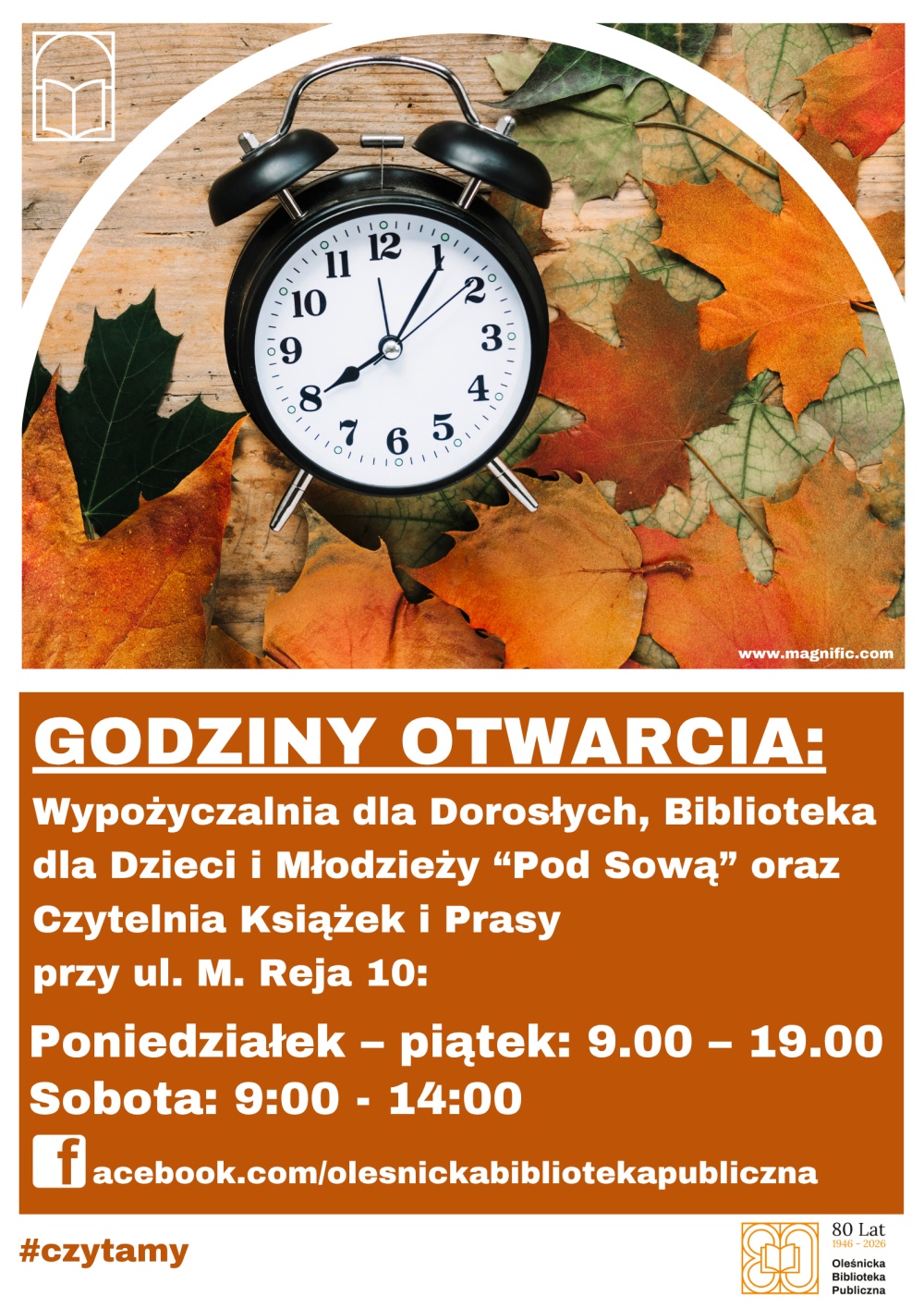 Plakat z godzinami otwarcia biblioteki przy ul. M. Reja 10. Informacje z plakatu znajdują się w tekście artykułu.
