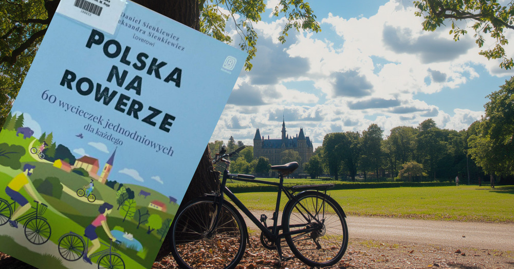 Okładka książki "Polska na rowerze" na tle roweru i pola