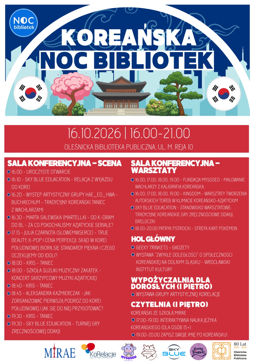 Plakat z harmonogramem Koreańskiej Nocy Bibliotek. Informacje z plakatu znajdują się w tekście artykułu.
