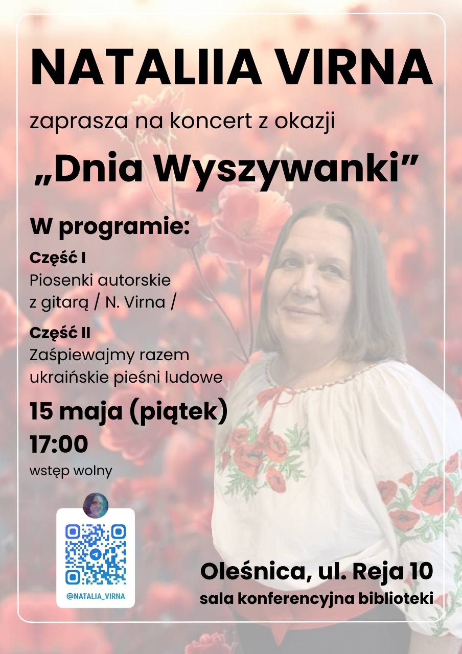 Plakat informujący o koncercie ukraińskim Natalii Virny z okazji Dnia Wyszywanki